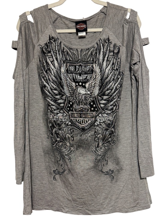 Harley-Davidson Tops - Harley-Davidson Women's Grey "Unleashed" Winged Eagle Cold-Shoulder Tee 2XL